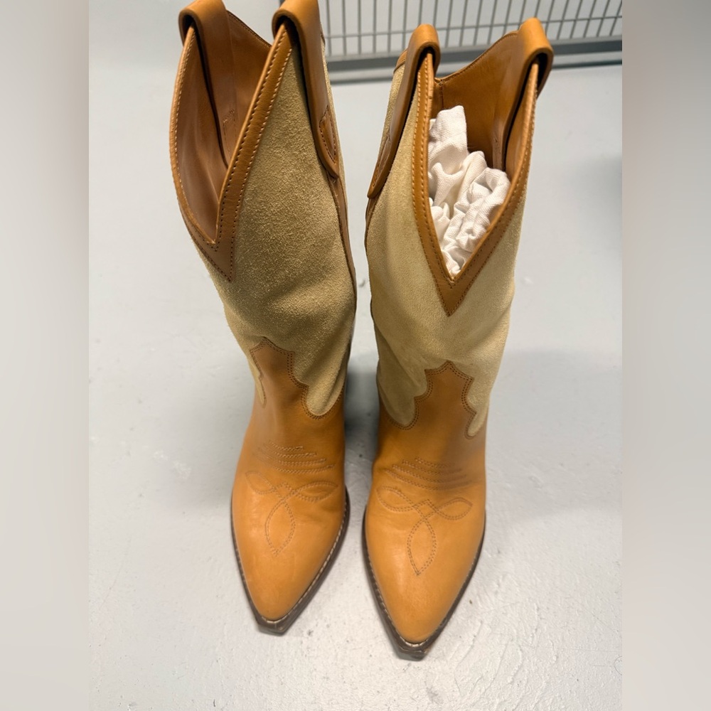 Isabel Marant Ochre Suede and Leather Mid Heel Cowboy Boots Size 37 Worn Twice